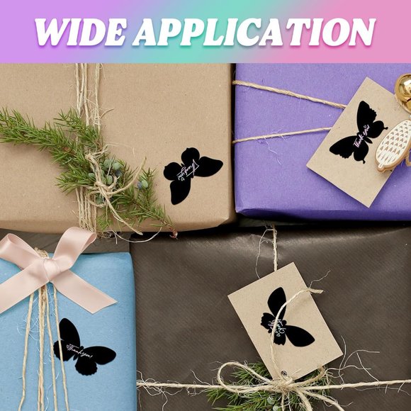 50 THANK YOU Stickers Black Holographic Butterfly 6 Designs Rainbow Foi… - Picture 4 of 7